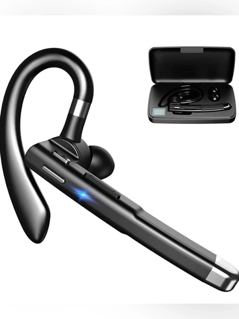 Sleek Black Bluetooth Ear-Hook Headset with Charging Case